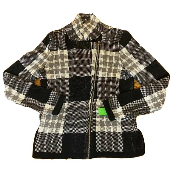 Isaac Mizrahi Live Plaid Knit Zip-Up Jacket XS Black/White Cotton Blend - Picture 1 of 5